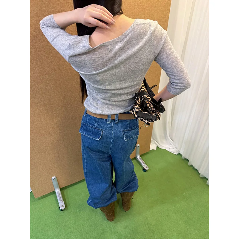 Benuynffy New Solid Color Vintage Pleated Jeans Women 2026 Autumn New Fashion Korean All-match Casual Straight Leg Denim Pants
