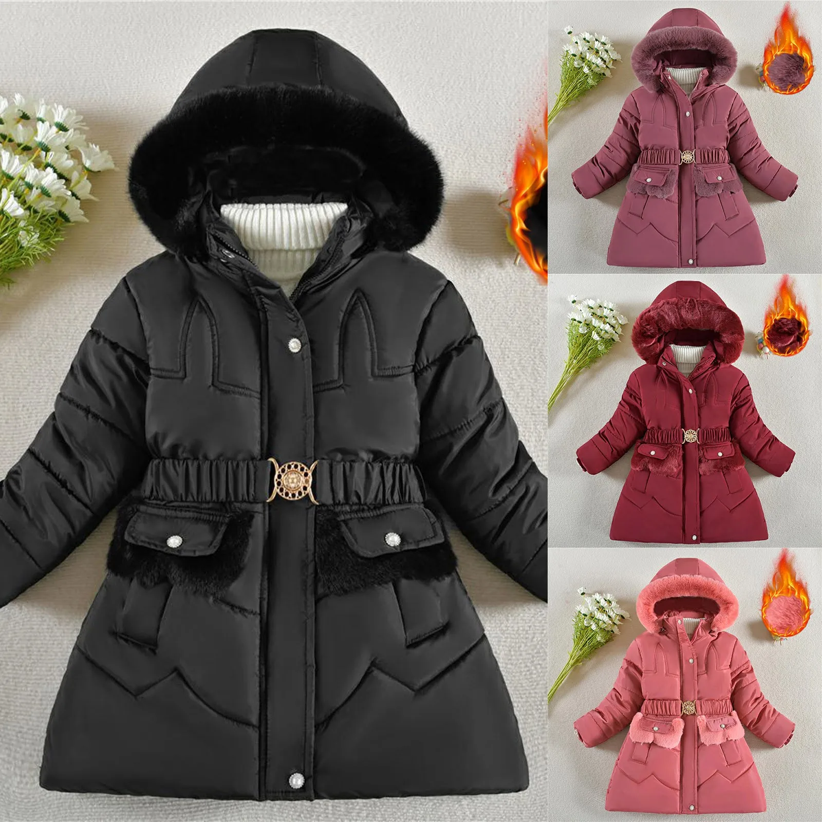 Thick Keep Warm Winter Girls Baby Down Jacket Padded Lining Winter Goat Girl Birthday Gift Detachable Hat Plush Collar Hooded