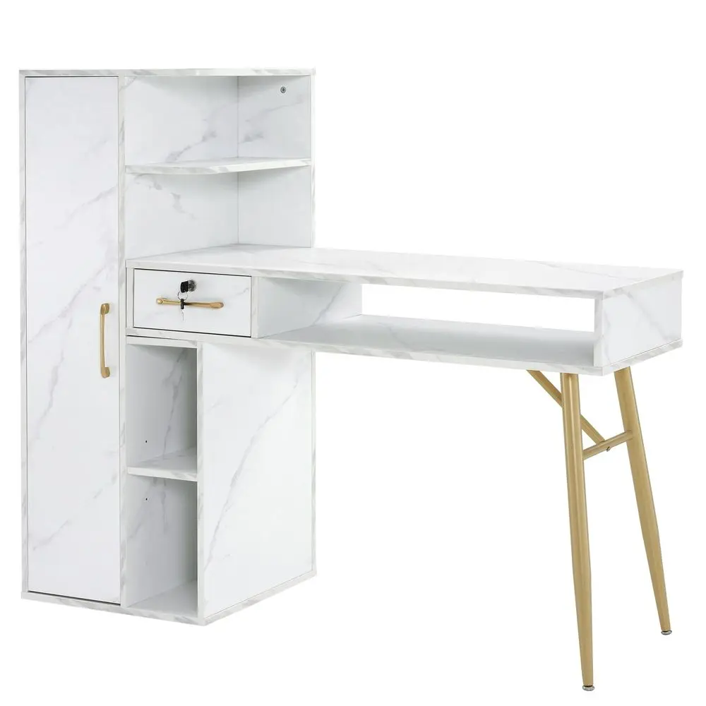 

Manicure Table with Marble Texture, Nail Desk with 1 Lockable Drawer, 4Tier Cabinet, for Nail Tech amp Beauty Salon White