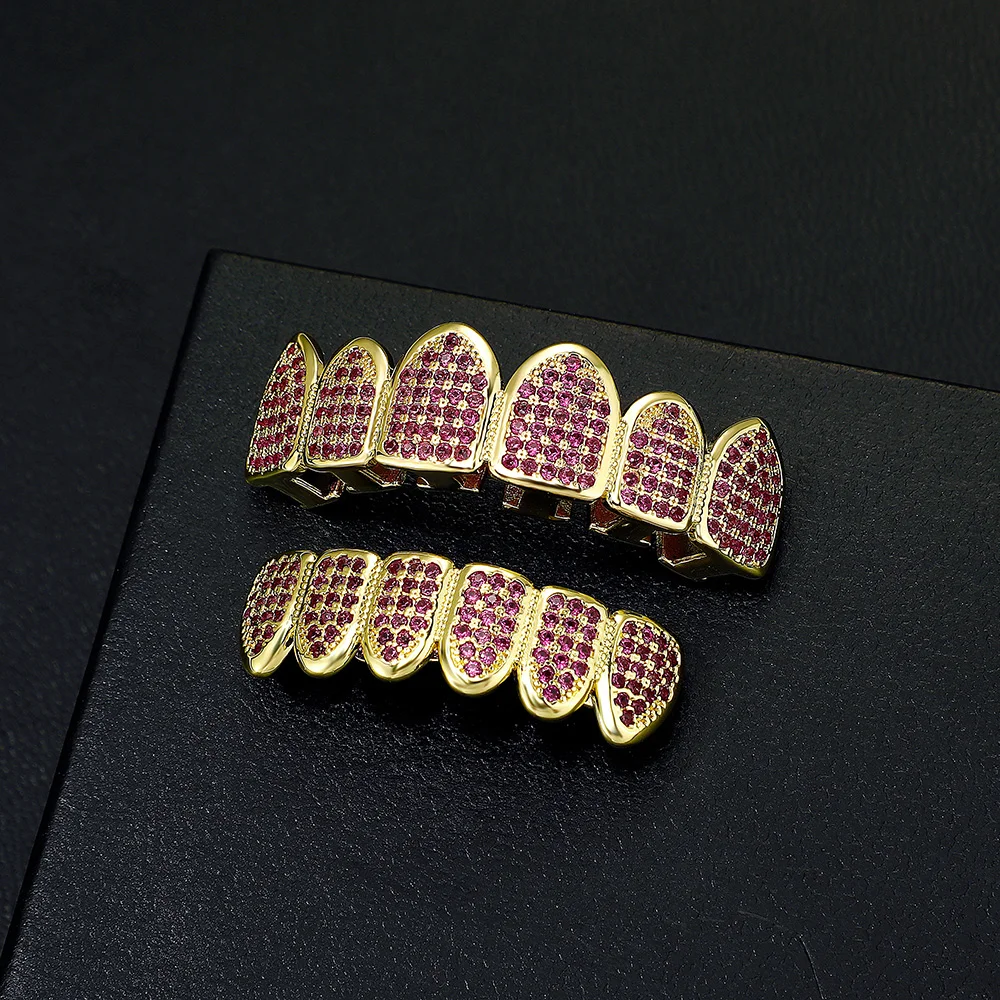 TOPGRILLZ Iced Out 6 Top &6 Bottom Set Blue Color Zircon Teeth Grills Punk Tooth Caps For Women Men Mouth Jewelry Dental Grillz