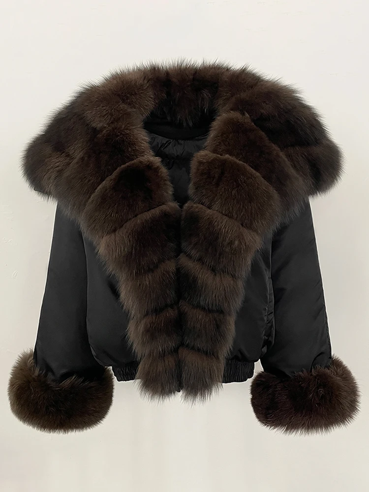 New Parker Coat Winter Clothes Women Big Natural Fox Fur Down Coat Fashion Warm Short Real Fur Cuffs Puffer Jacket Female