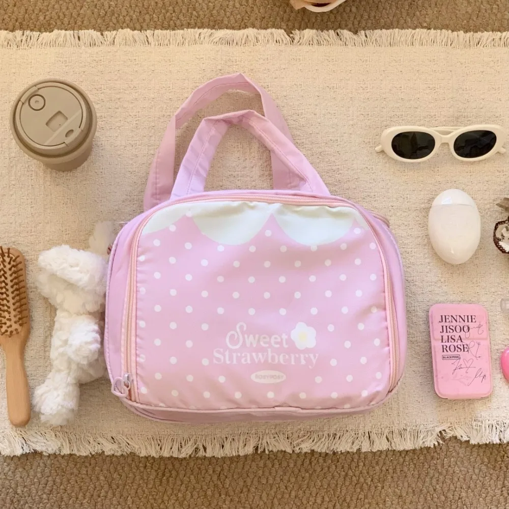 Pink Polka Dot Layered Makeup Bag Portable Large Capacity Cosmetic Organizer Multiple Compartments Travel Toiletry Storage Case