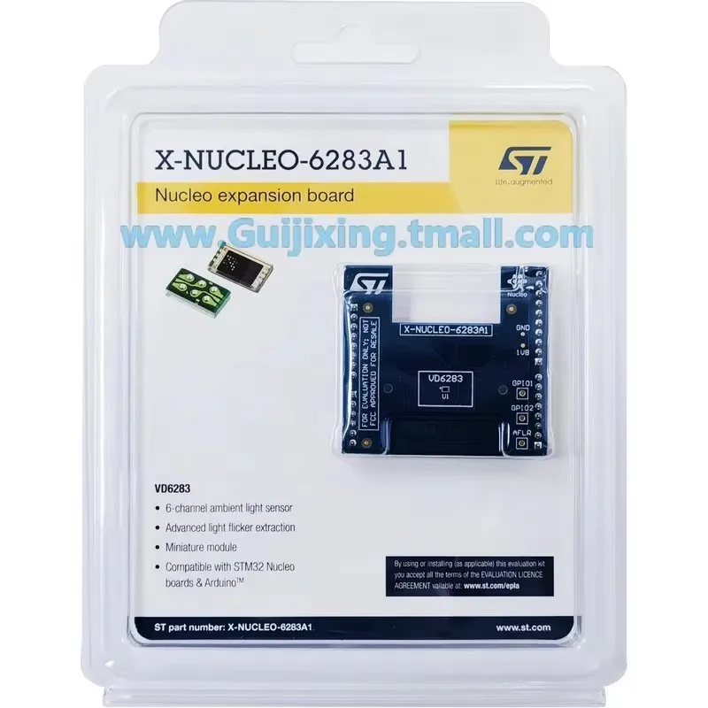 The P-NUCLEO-6283A1 development kit contains the X-NUCLEO-6180A1 and NUCLEO-F401RE 6-channel ambient light sensor ALS