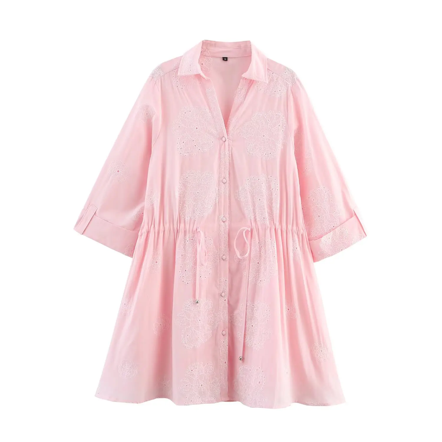 

Women's new fashion lace up decoration casual single breasted embroidery mini dress retro short sleeved women's dress