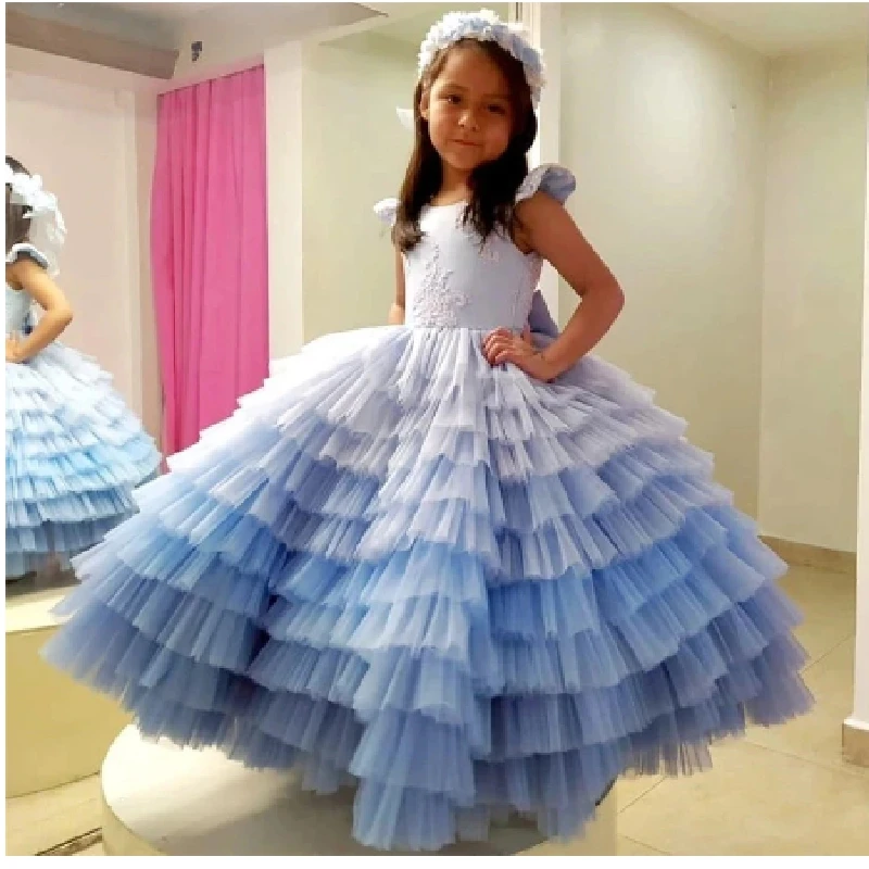 

Sky Blue Tiered Puffy Girls Dresses Sleeveless For Party Flower Princess Dress Pearls Kids Clothes Children Birthday Pageant