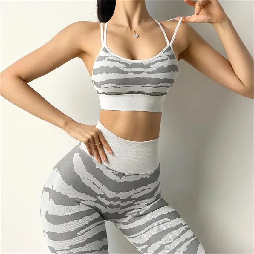 QK 1/2 pièces tigre gymnastique butin Yoga ensemble Scrunch Squat preuve Leggings pantalons de Yoga soutien-gorge de sport tenues d'entraînement Fitness combinaisons actives