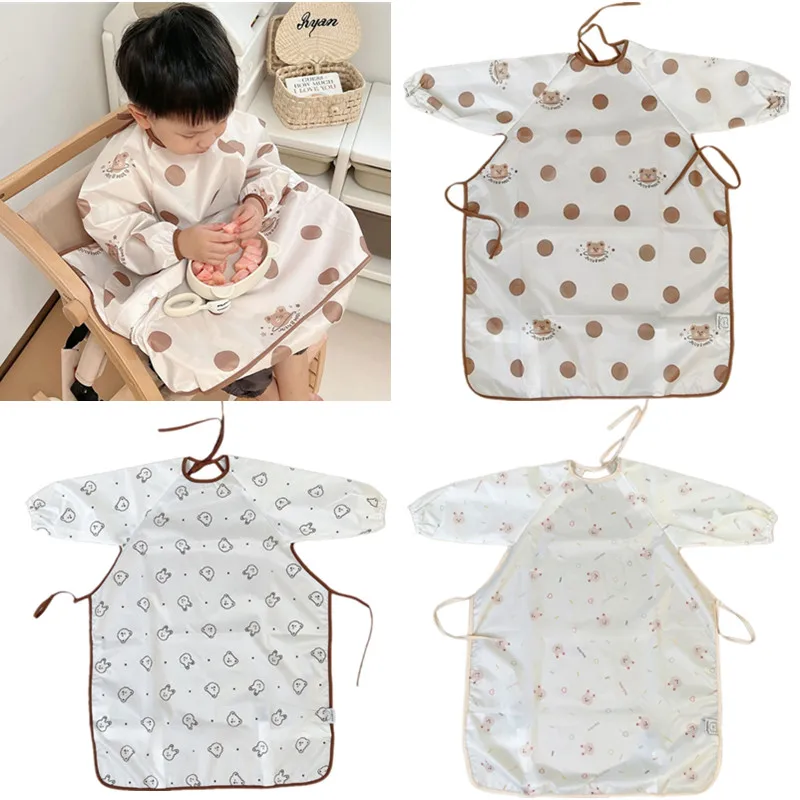 

New Waterproof Cartoon Bear Baby Bib Long Sleeves Full Coverage Toddler Boys Girls Feeding Smock Apron Baby Drooling Burp Cloths