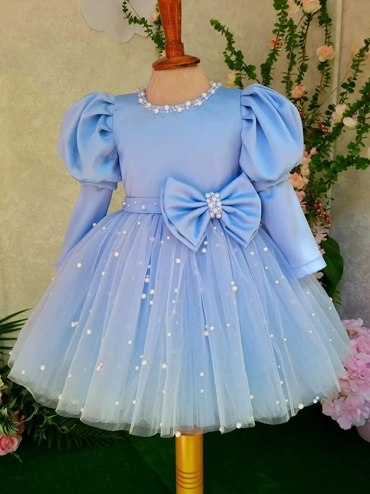 

Handmade beading Baby Girl Blue Satin Dress Elegant Toddler Princess Dresses for Birthday Vestidos Party Wedding Clothes Eids