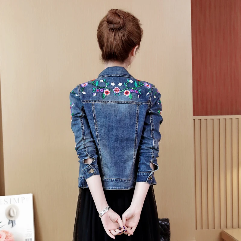 Embroidered Flower Denim Jacket 5XL Women\'s Short Coat 2023 Spring Autumn Vintage Slim Jeans Jacket Outwear Casual Female Tops