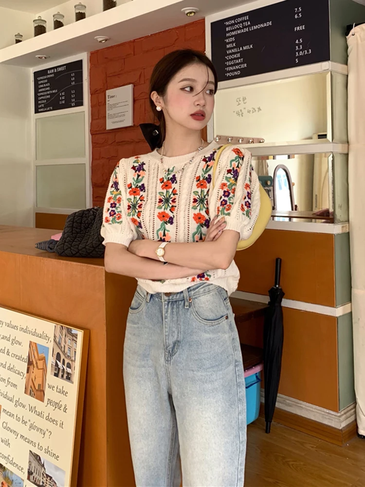 Vintage Embroidered Floral Sweater Women Summer Autumn Short Puff Sleeve Slim Knitted Tops Hollow Out Pullovers Jumpers