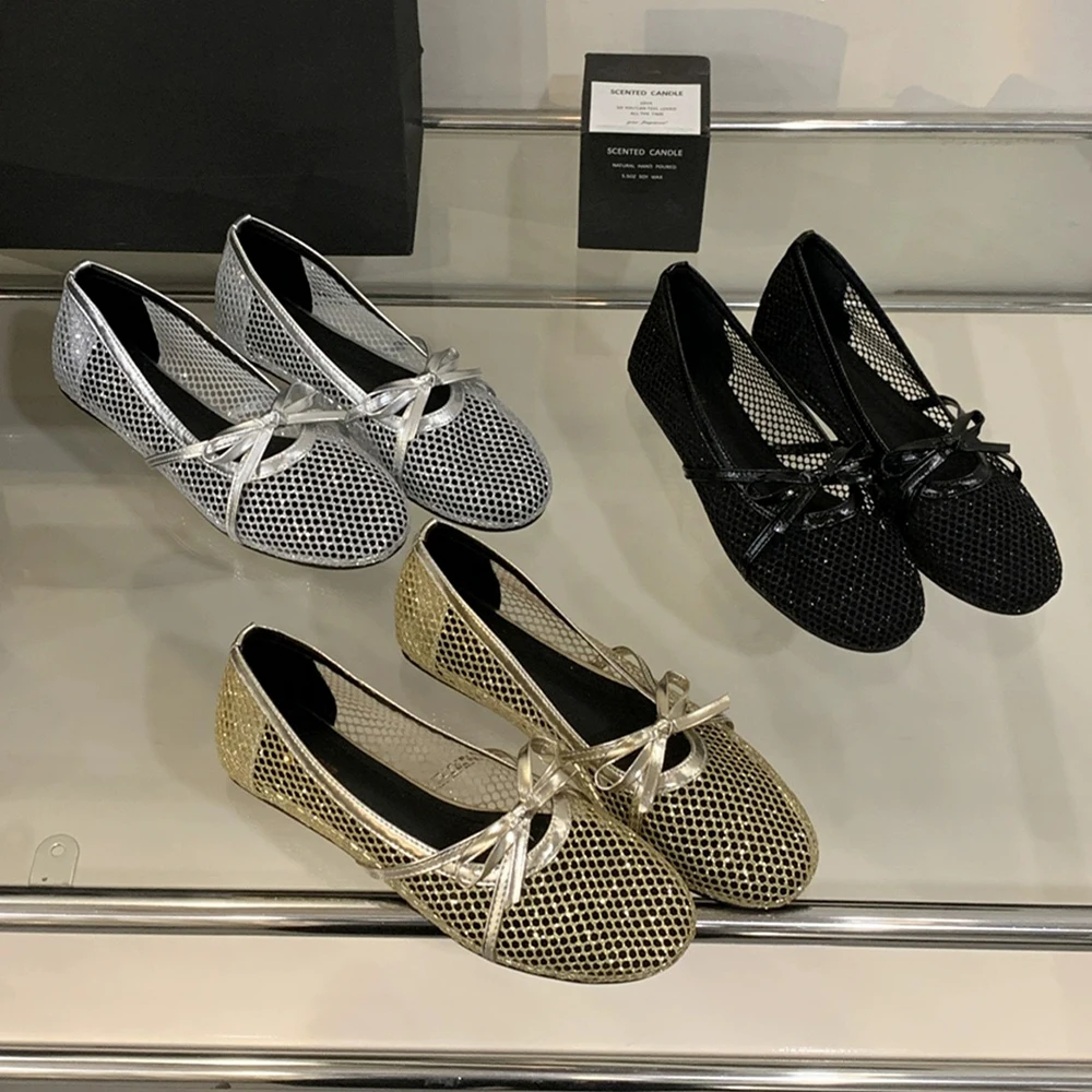

Comfortable Mesh Flat Sandals Summer Women Fishnet Ballet Flats Bowknot Decoration Sandals Ballet Flats for Stylish Summer Wear