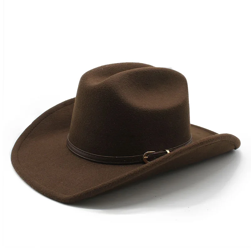 Cross Border New Arrival Western Cowboy Hat Vintage Brown Belt Woolen Top Hat Horse Riding Hat Ethnic A Hood Felt Cap 03