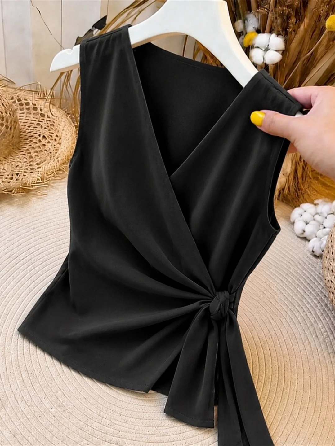 Korean Style Summer 2026 Sleeveless Vest Design Sense Belted Waist Slimming Commute Style V-Neck Top Women's Silk Shirt