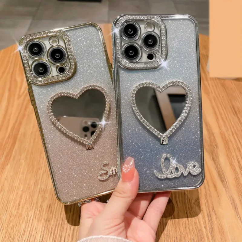 Soporte para teléfono móvil, espejo decorativo en forma de corazón, soporte de moda de escritorio, diseño de espejo plegable, se puede utilizar varios teléfonos