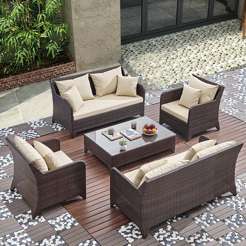Outdoor Combination Garden Sofas Modern Courtyard Nordic Villa Garden Sofas Open-air Plastic Rattan Furniture Sofá Jardín MHHYSF