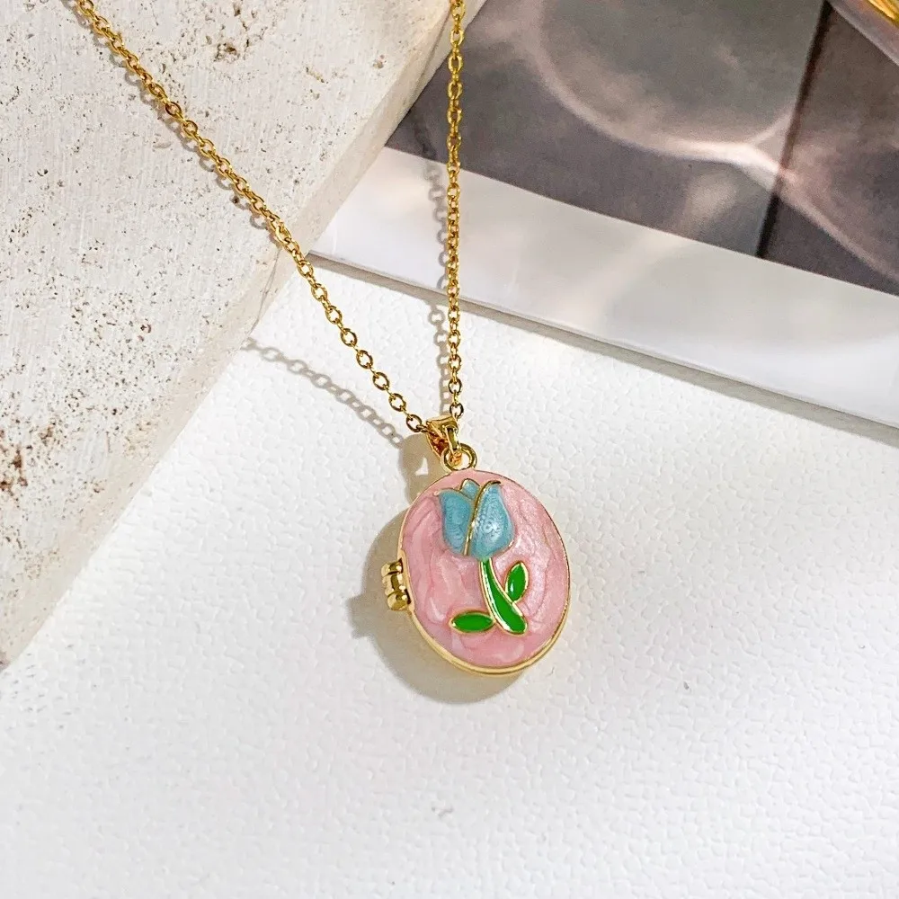 Titanium Steel Photo Locket Pendant Zircon Decoration Non-Fading Vintage Enamel Openable Frame Openable Photo Locket