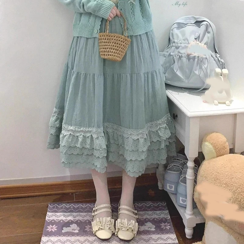 

High Waisted Japanese Y2k A-Line Long Party Skirt Princess Vintage Elegant Skirt Women Sweet Lace Ruffles Pleated Skirts Female
