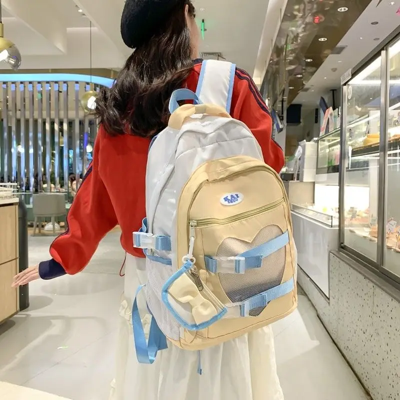 Contrast Color Patchwork Heart Women Backpack Japanese Kawaii All Match Girls Students Backpacks High-capacity Vintage Schoolbag