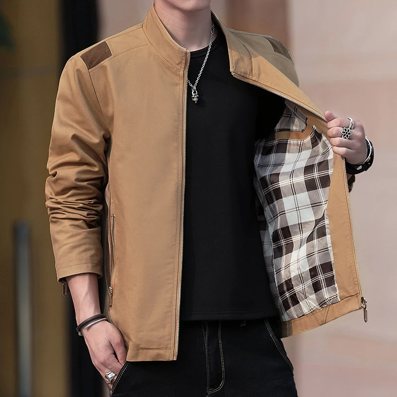 Spring Autumn Men's Cotton Work Jackets Casual Men Stand Collar Windbreaker Jacket Outdoor Men Slim Fit Zip Up Business Coats