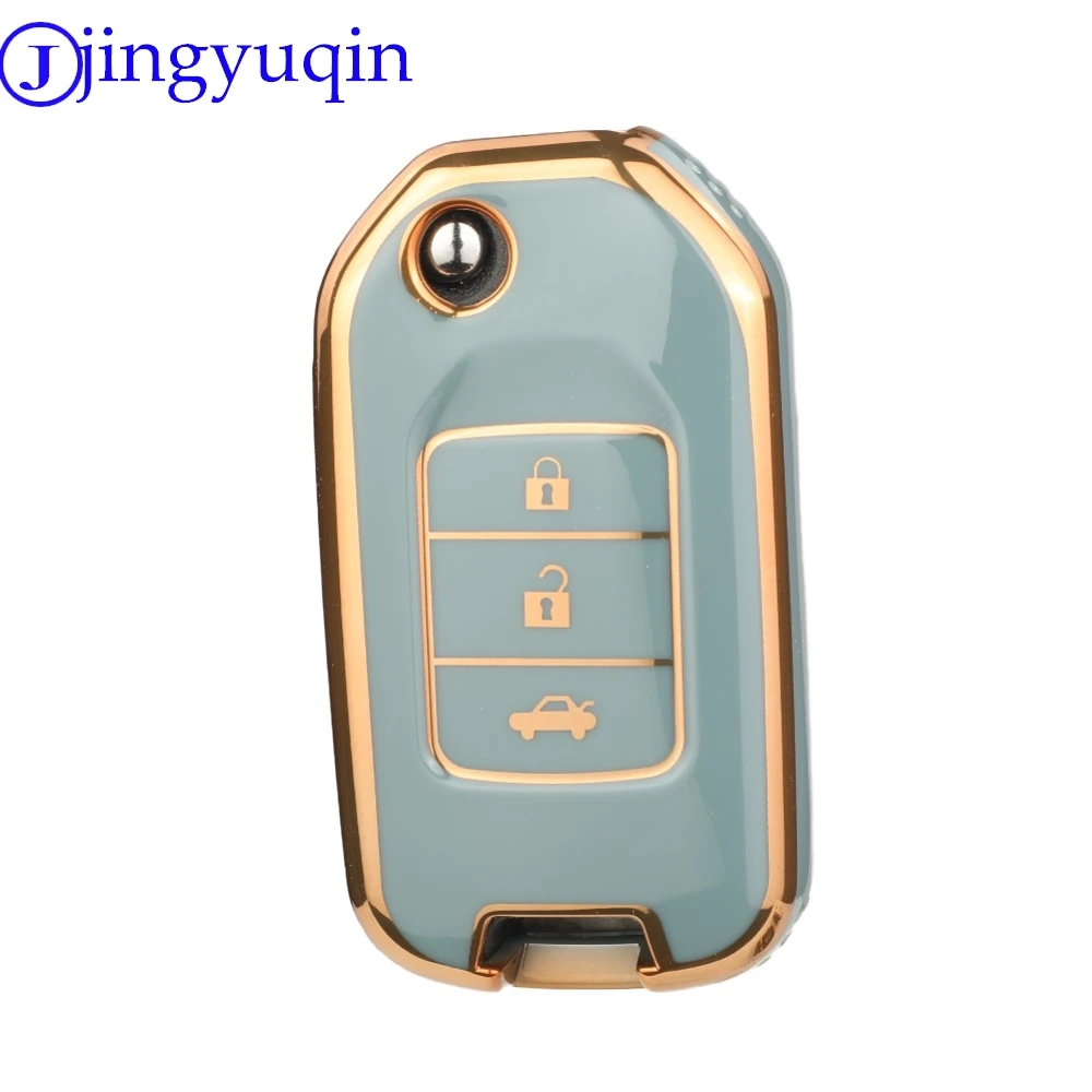 Jingyuqin 3 Tombol Kedatangan TPU Kunci Mobil Shell Case Fob untuk Honda Civic City Fit HR-V XR-V Lipat Flip Auto Mobil Penutup Kunci