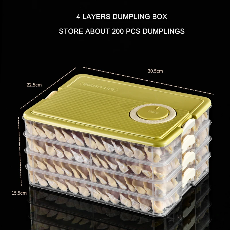 Multilayer Plastic PP Refrigerator Storage Bins Removable Rectangular Dumpling Containers with Timer Kitchen Food Organization