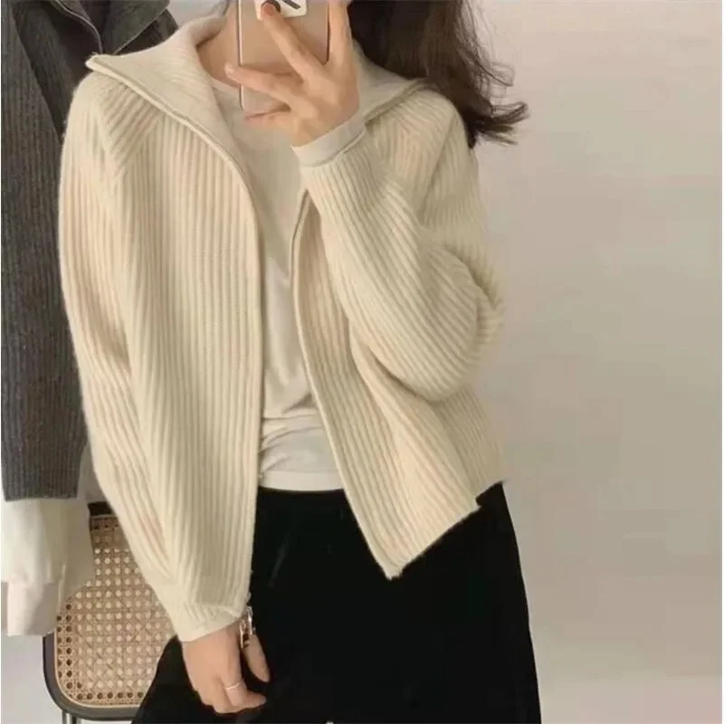 Zip-up Sweater Women Autumn and Winter 2024 New Knit cardigan Outerwear Loose All-Match Thickened Inner wear Lapel Top