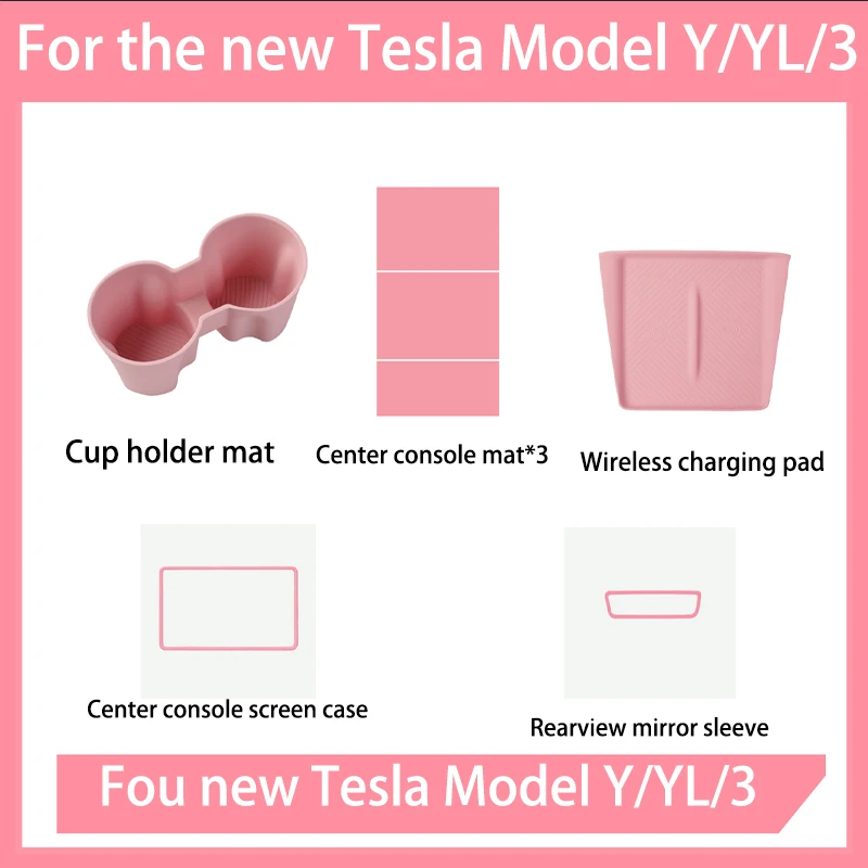 Für Tesla Model Y/YL/3 Highland Mittelkonsole Kabelloses Lade-Silikonpad Getränkehalter-Matte Rutschfeste Rosa Zubehörteile – Detail 5