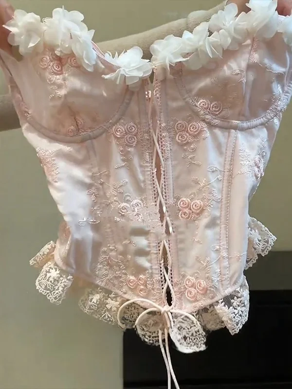 

Новый женский летний топ Pure Desire с розовой кружевной отделкой и завязками, 3D-эффект, без бретелек, кружевной, для повседневной носки