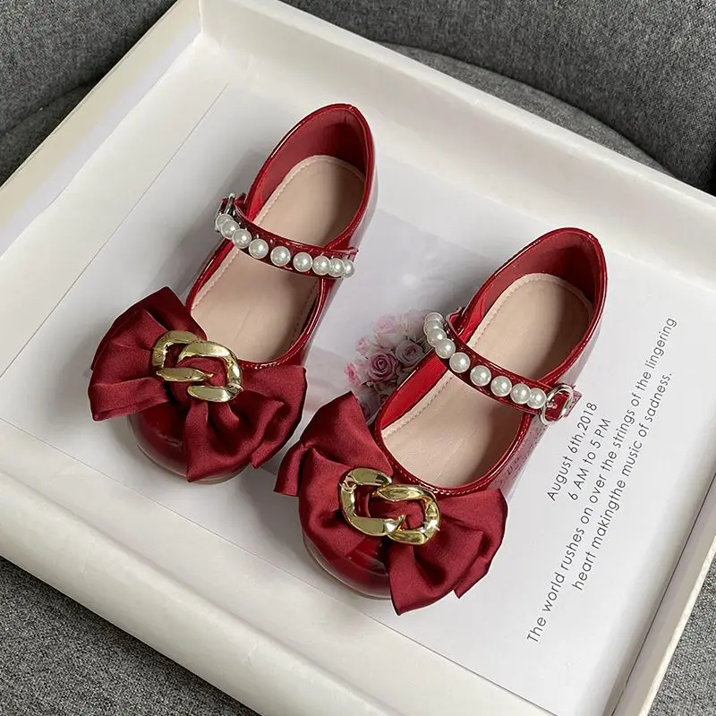 Girl\'s Mary Janes Metal Chain Ribbon Luxury Elegant Kids Princess Shoes Three Colors 26-36 Wedding Party Children Flat Shoes