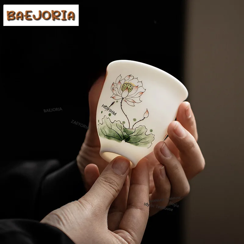 BAEJORIA 125ml Biscuit Firing Ice Jadeite Porcelain Hand Drawn Teacup Tea Bowl Tea Pair Tea-tasting Smelling Cup Master Cups Tea