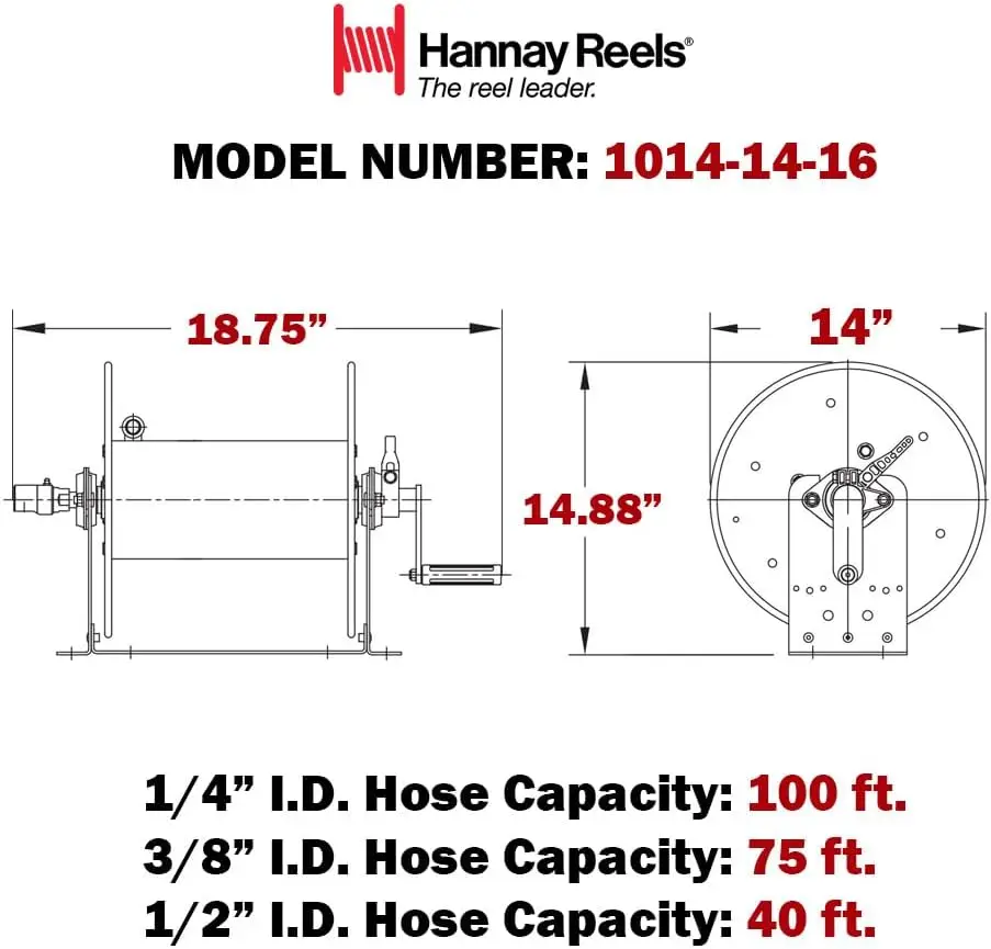 Hannay Reels 1014-14-16 Series 1000 Manual Hand Crank Rewind Hose Reel, 1/2