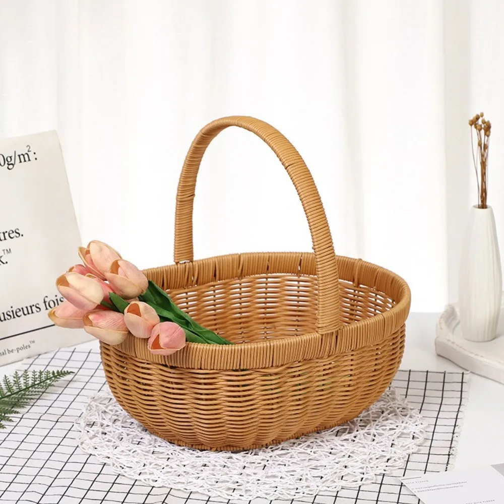 Handmade Imitation Rattan Fruit Basket Durable Large Capacity Bamboo Flower Basket Multifunction Long Handle