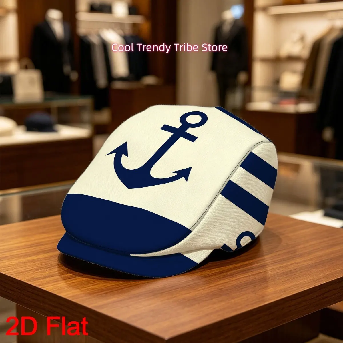 1pc 2D Flat with Nautical Anchor Striped Background Print Adjustable Flat Cap Vintage Gentleman'S Hat Men Beret Hat Forward Cap