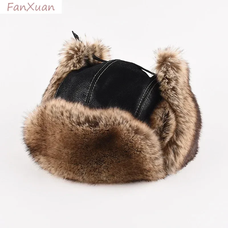 Winter Ushanka Hat Men Pilot Aviator Trapper Hat Faux Fur Leather Snow Skiing Cap with Ear Flaps Thick Winter Bomber Hat Male