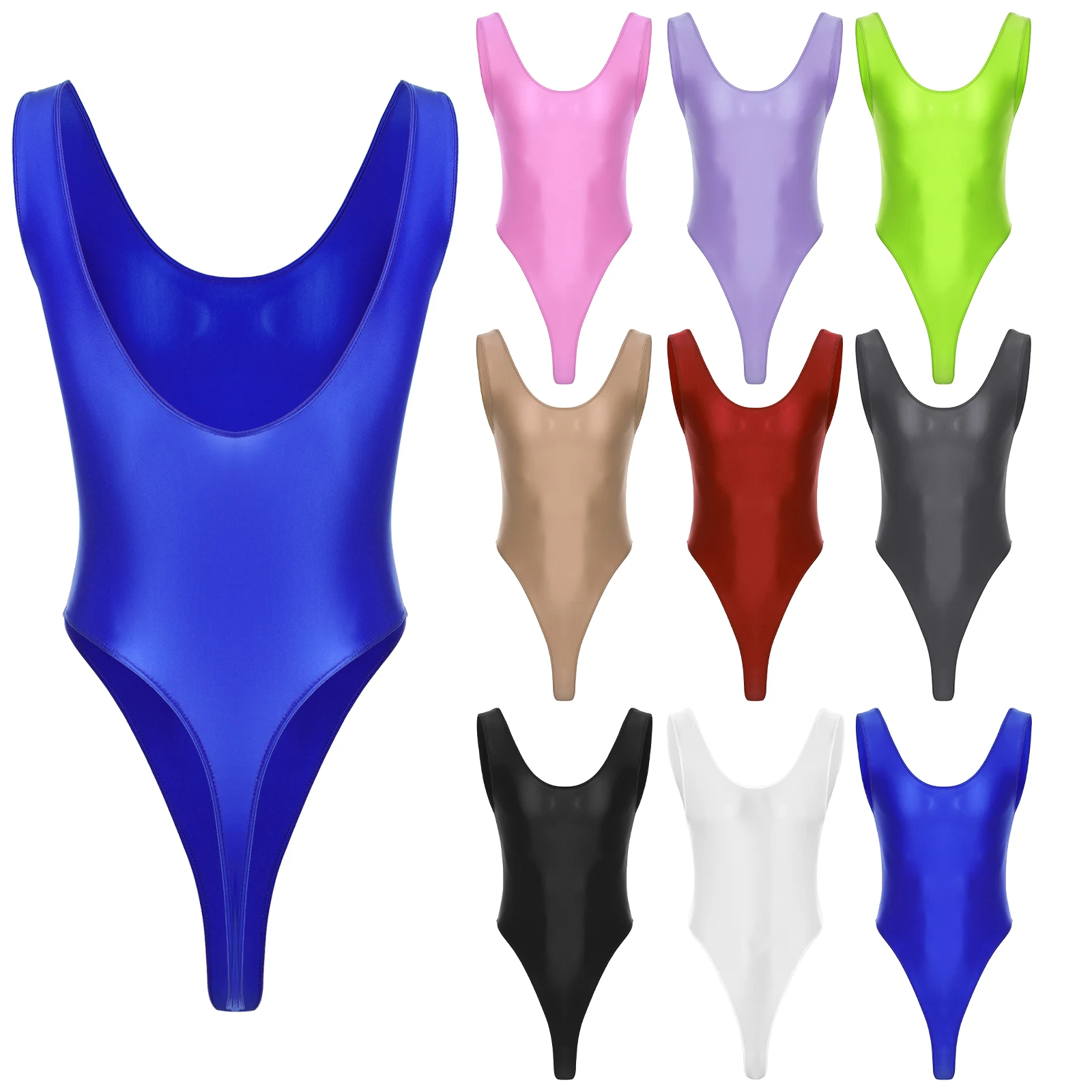 Mens One Piece Swimsuit Glossy Sheer Sleeveless Backless High Cut Monokini Bathing Suit Swimwear Fitness Yoga Leotard Undershirt