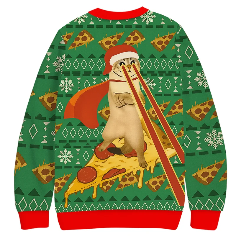Funny Pizza, Dry Rice Man, Kitten, Christmas Sweater, 3D Thin Velvet, Adult, Male, Female, Children,couple,family,holiday Hoodie