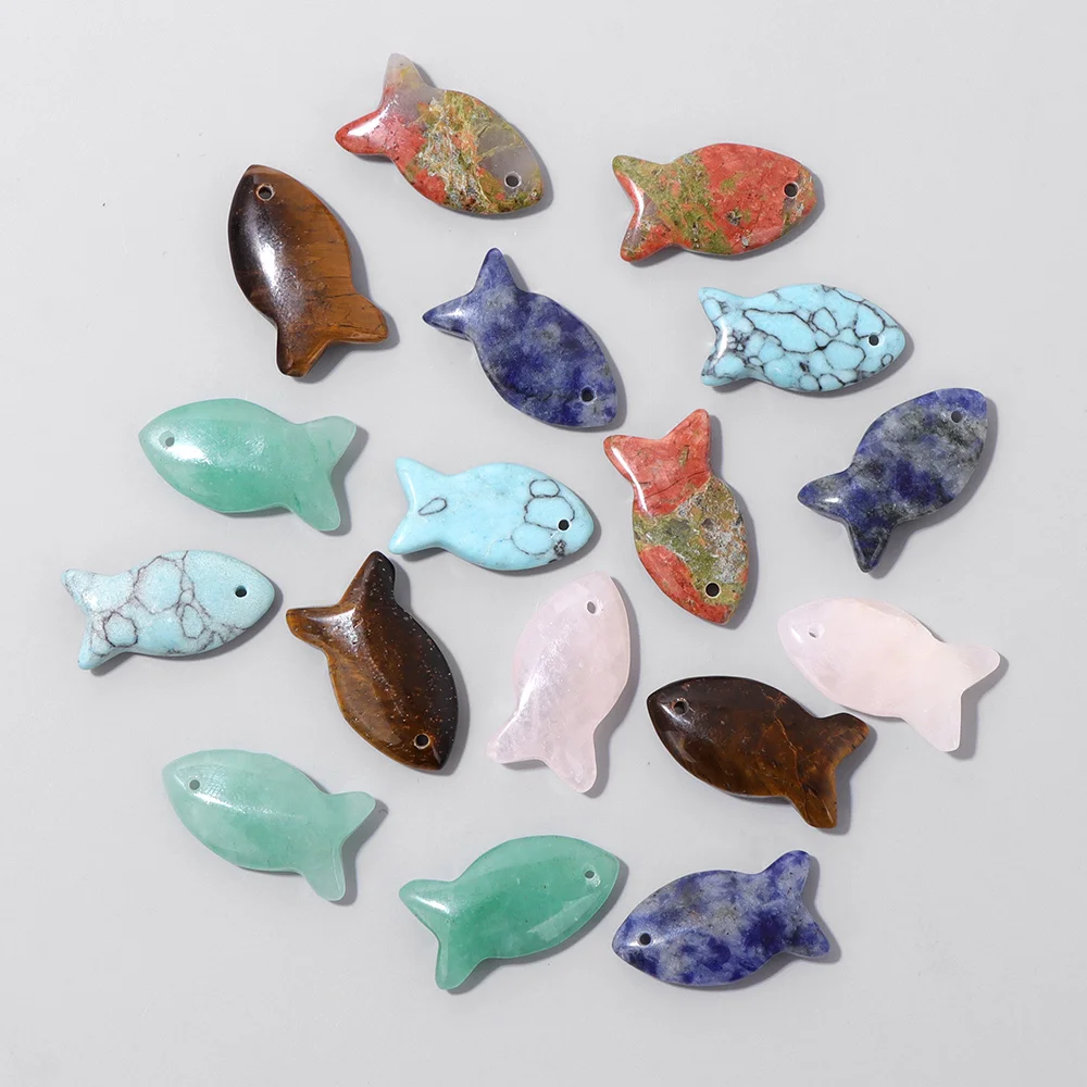 2PCS Fish Shape Natural Stone Pendant 13*26*6MM Gem Bead Charms for Jewelry Making DIY Necklace Earrings Accessory