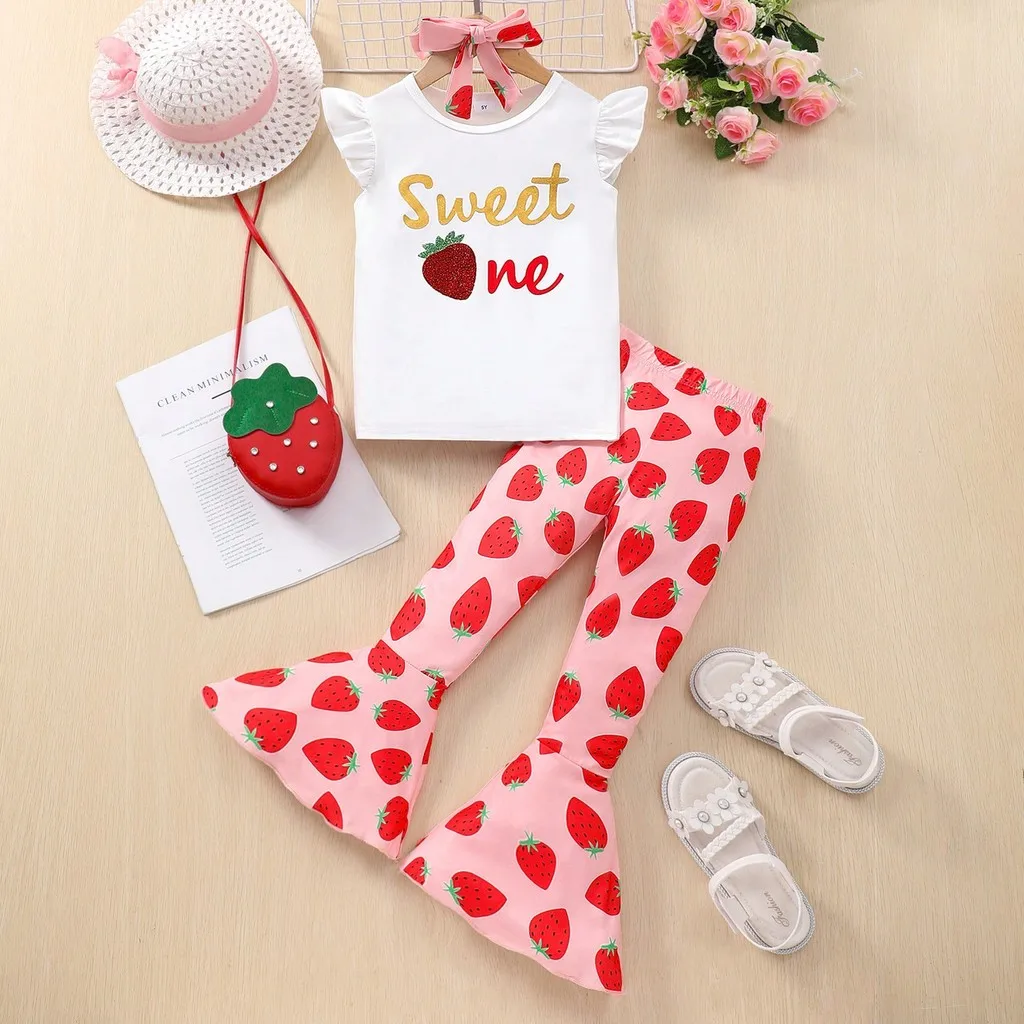 3PCS Kid Girl Fashion Clothes Set Sleeveless Ruffle Letter Top+Strawberry Pants+Headband Daily Wear for Child Girl 2-7 Years