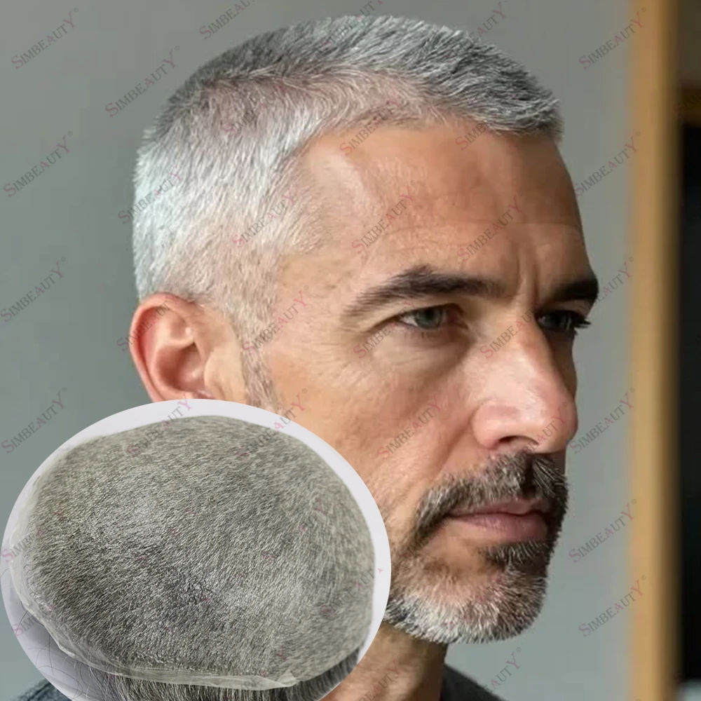 90%Density Men's Salt&Pepper Thin Skin Toupee 0.02mm-0.03mm Invisible Natural Hairline Capillary Prosthesis Vloop 1b65 Hairpiece