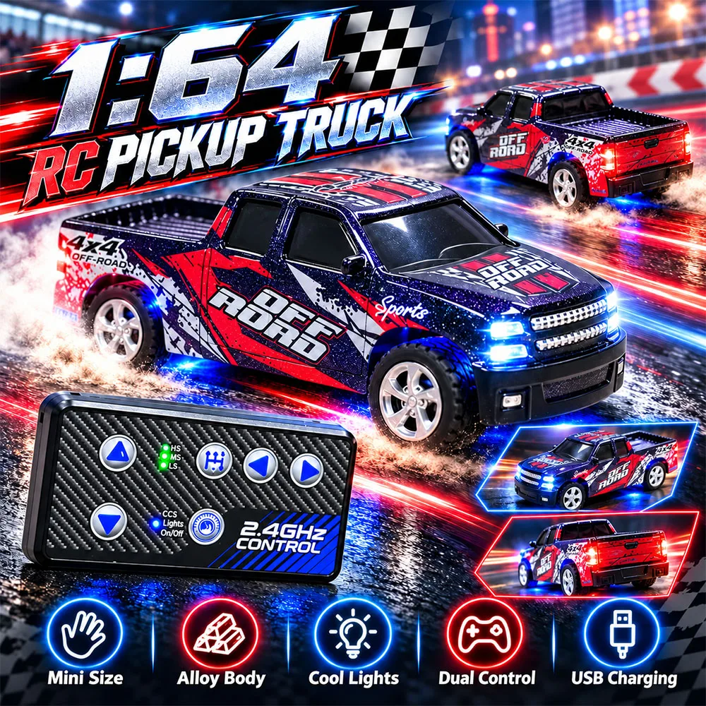 1:64 RC Pickup Truck 4x4 Off-Road Alloy Die-Cast Model with Cool Lights, 2.4GHz Remote Control, USB Charging, Gift for Kids