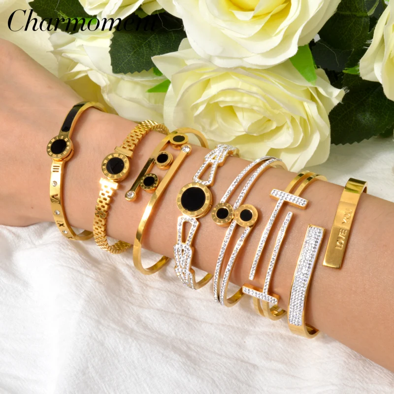 CHARMOMENT 18K Gold Color Jewelry Love Bangle Stainless Steel Bracelet for Women Crystal Zircon Friendship Love Gift Wholesale