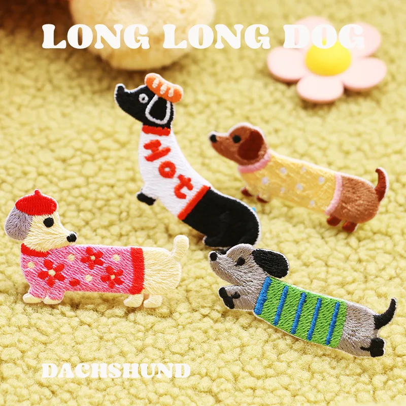 1 Piece Cute Dachshund Embroideried Dog Patches for Girls Bag DIY Small Glue Sticker for Kids Clothes Hairclip Designer