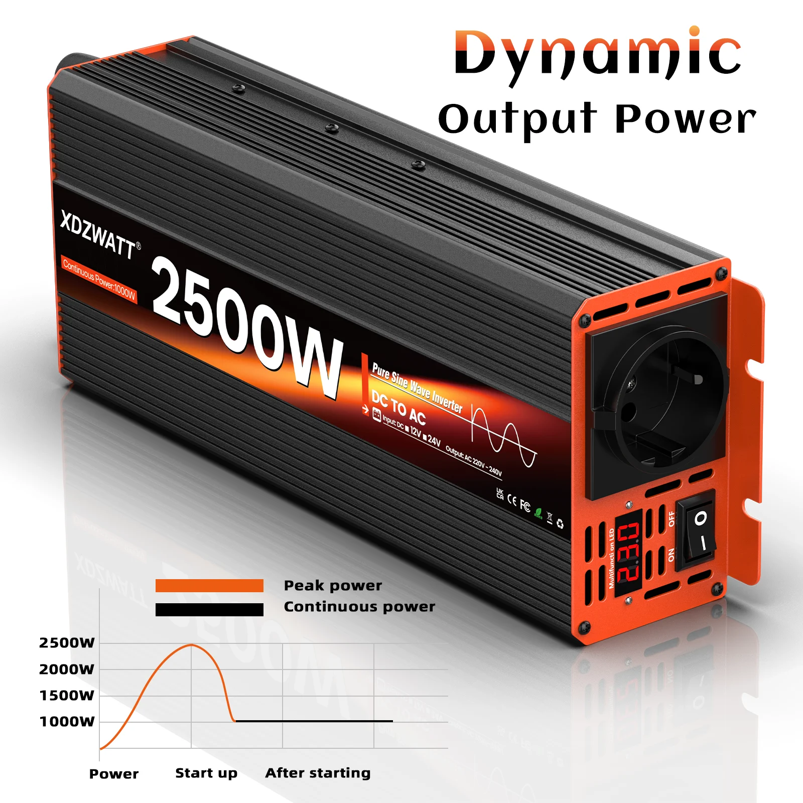 2500 واط الذروة الطاقة نقية شرط لموجة العاكس تيار مستمر 12 فولت إلى التيار المتناوب 220 فولت 230 فولت الاتحاد الأوروبي المقبس ل RV السفر الأجهزة المنزلية شاشة الكريستال السائل حماية
