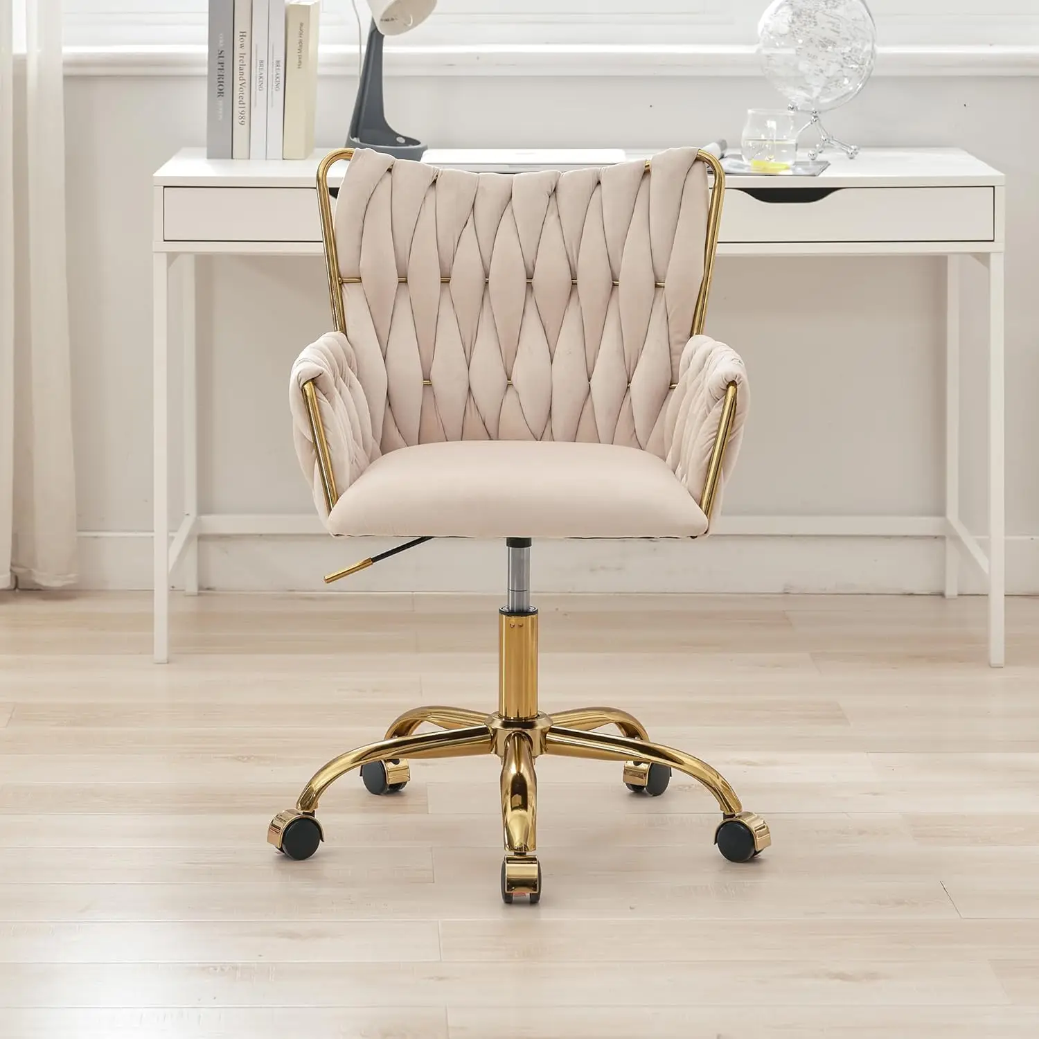 Westice Velvet Desk Chair, Home Office Gold Comfy Chair With Hand Woven Back, Height Adjustable Swivel Chair With Comfy