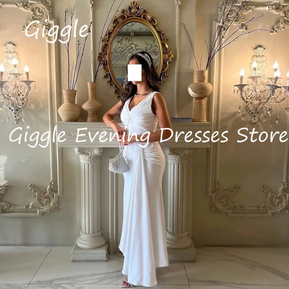 

Giggle Satin A-line V-neck Arab Ruffle Formal Elegant Prom Gown Ankle Length Saudi Evening Party Dresses for Women 2023