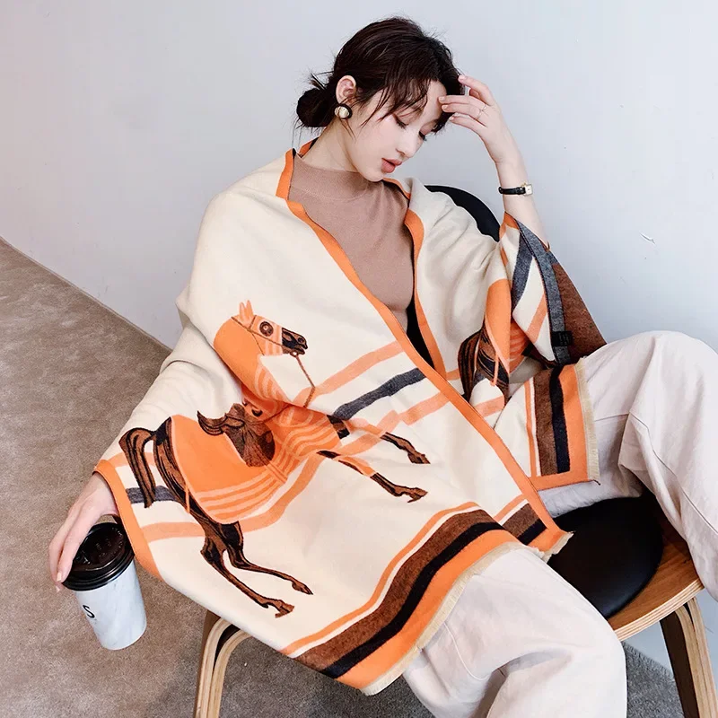 

2024 Luxury Brand Thick Cashmere Winter Scarf Pink Grey Horse Print Warm Pashmina Foulard Lady Soft Bufanda Shawls Wraps
