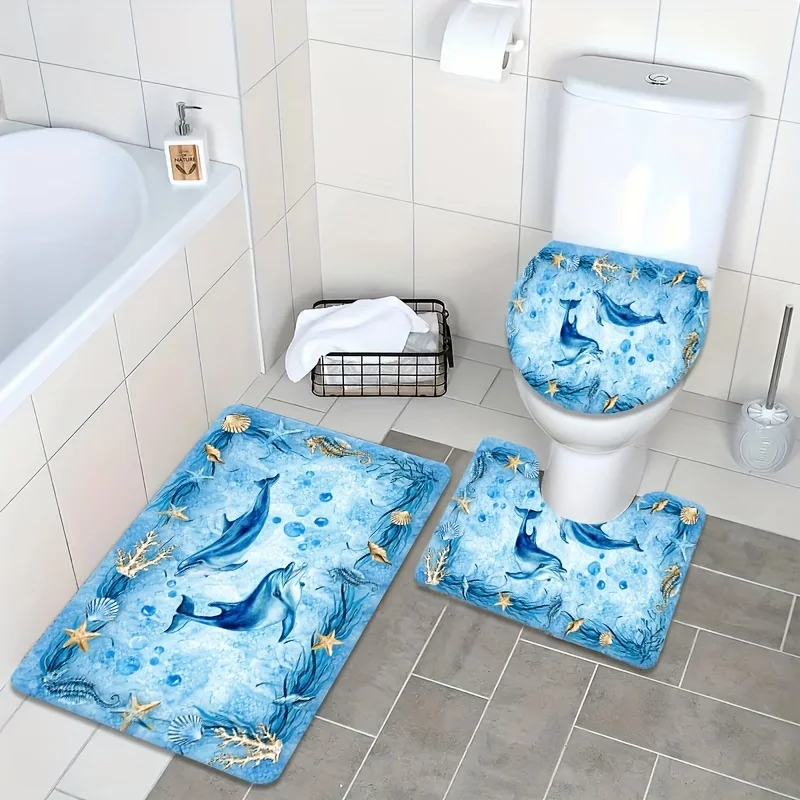 3pcs Ocean-Themed Bath Mat Set - Dolphin & Starfish Prints, Soft Absorbent Material, Charming Marine Decor