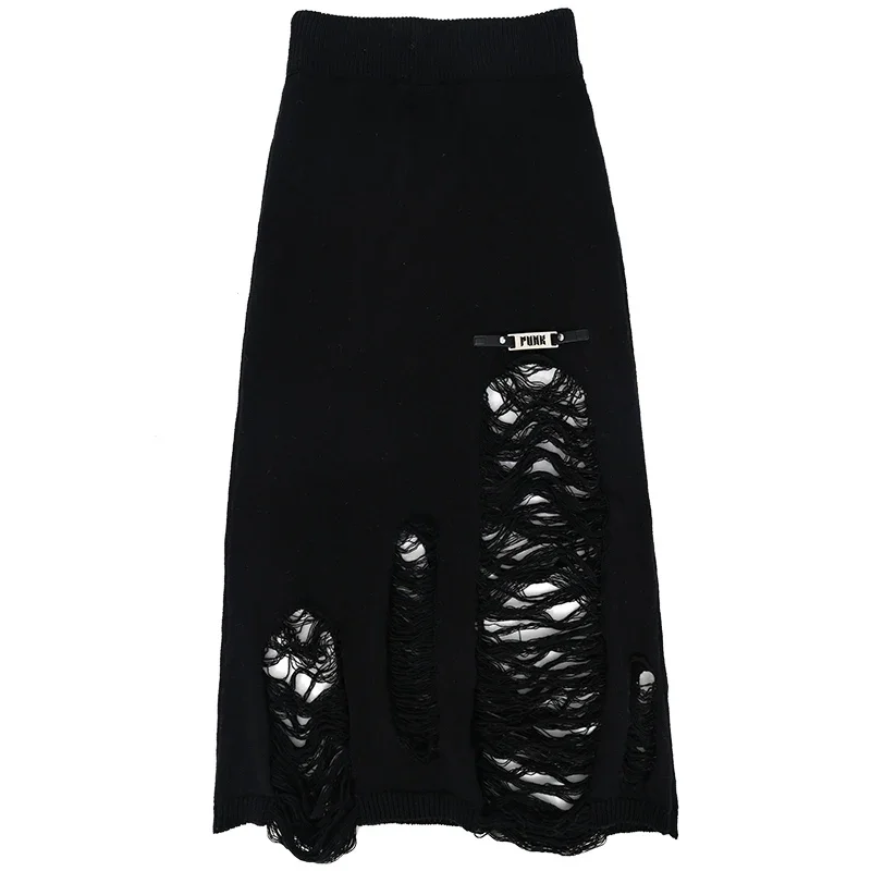 New Autumn Japanese Harajuku Girls Stitching High Waist Skirts Punk Sweet Kawaii Hot Girl Sexy Hollow Out Knit Long Skirts