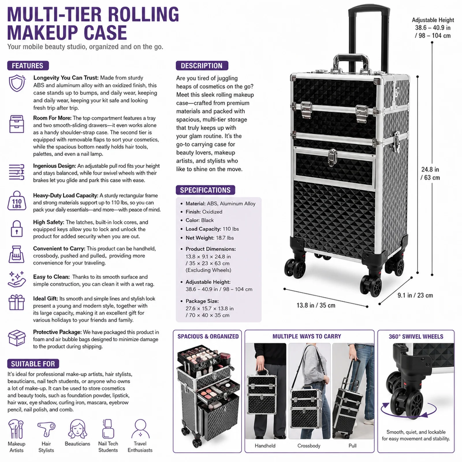 Professional Rolling Makeup Train Case, Multi-functional Cosmetic Trolley with 4 Wheels & Lock, Large Storage Traveling Cart Trunk for Makeup Artists and Hair Stylists