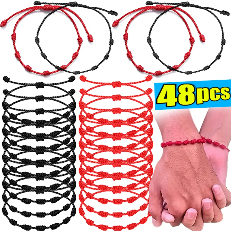 2/48pcs 7 Knot Red String Bracelet for Couple Rope Braided Bracelets Protection Good Luck Amulet for Success Handmade Jewelry